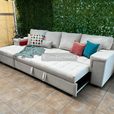 Large L-shaped sofa bed with customized gray wireless charger in beige linen with cup holders 3,3m