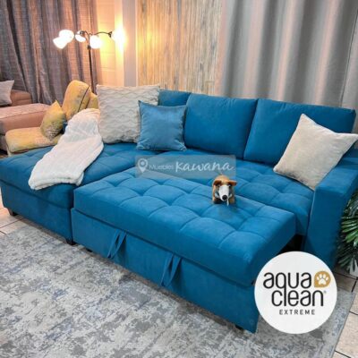 Customized L-shaped double sofa bed with Aquaclean Daytona 146 turquoise pet friendly technology 2.40m
