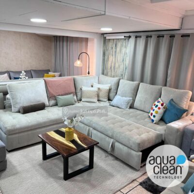 Extra large corner sofa bed with Aquaclean fabric Imperial 51 for high traffic and stain-resistant technology customized with wireless charger 3m
