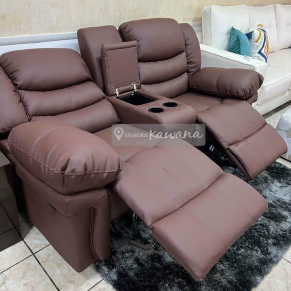 Sillón reclinable doble con 2 porta vasos y almacenamiento en vinil café alto tránsito