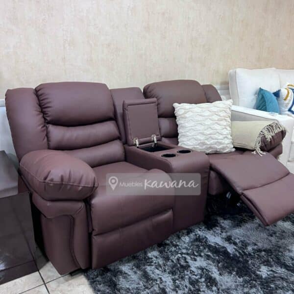 Sillón reclinable doble con 2 porta vasos y almacenamiento en vinil café alto tránsito