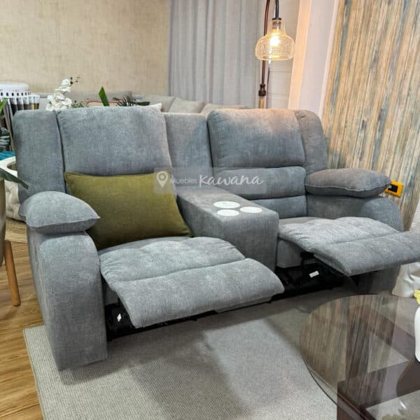 Sillón reclinable en lino gris 2 puestos con cargador inalámbrico y porta vasos