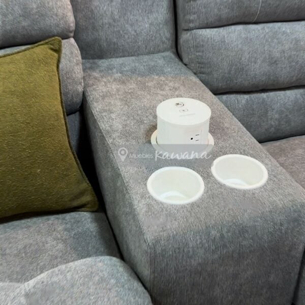 Sillón reclinable en lino gris 2 puestos con cargador inalámbrico y porta vasos