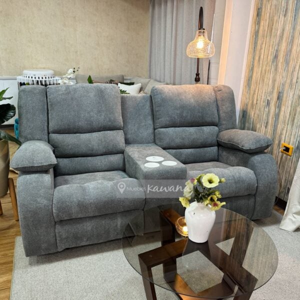 Sillón reclinable en lino gris 2 puestos con cargador inalámbrico y porta vasos