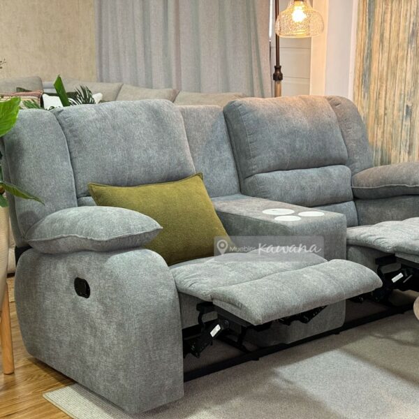 Sillón reclinable en lino gris 2 puestos con cargador inalámbrico y porta vasos