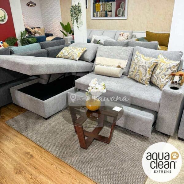 Sillon sofa cama matrimonial en L con almacenamiento personalizado Aquaclean Marina 115 pet friendly con cargador inalámbrico 2,6m