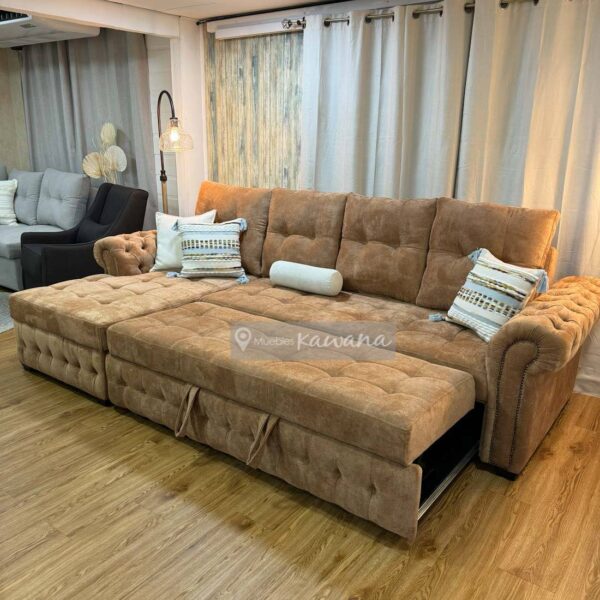 Sofá cama king en L capitoneado chesterfield en lino terracota 3m