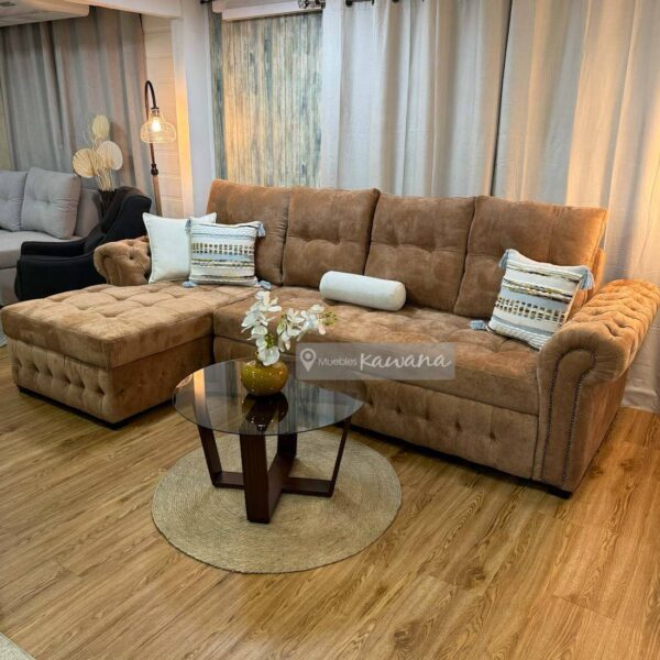 Sofá cama king en L capitoneado chesterfield en lino terracota 3m