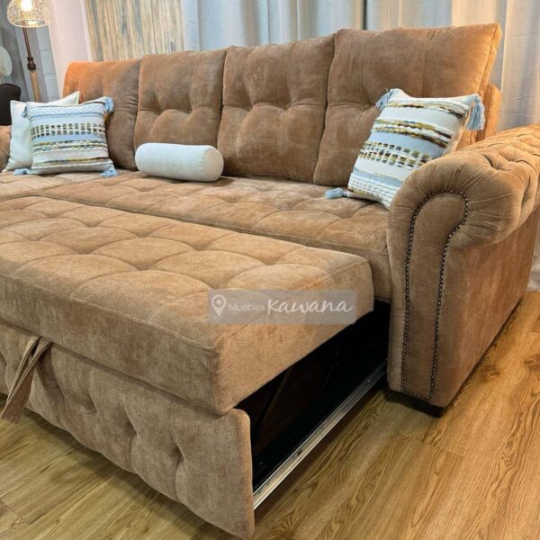 Sofá cama king en L capitoneado chesterfield en lino terracota 3m