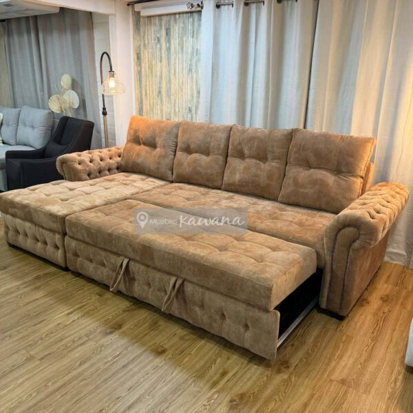 Sofá cama king en L capitoneado chesterfield en lino terracota 3m