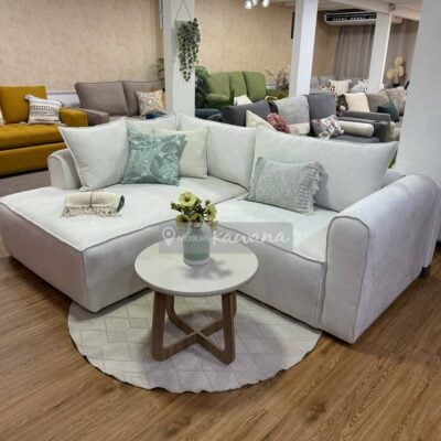Juego de sala en L modular extra confortable personalizado en lino blanco 2,1m