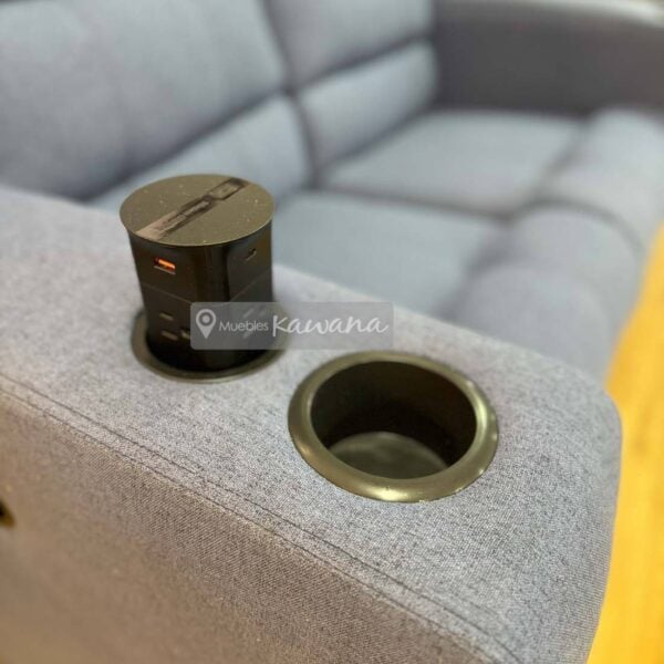 Sillón reclinable doble con cargador inalámbrico y porta vasos en lino azul 1,5m
