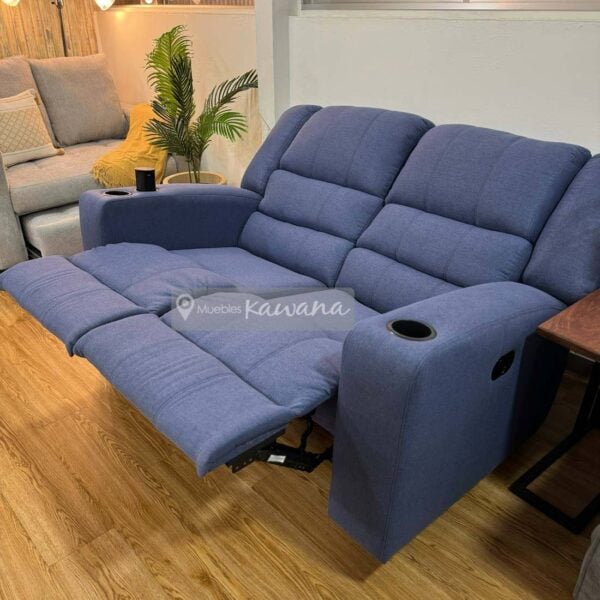 Sillón reclinable doble con cargador inalámbrico y porta vasos en lino azul 1,5m