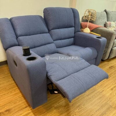 Sillón reclinable doble con cargador inalámbrico y porta vasos en lino azul 1,5m