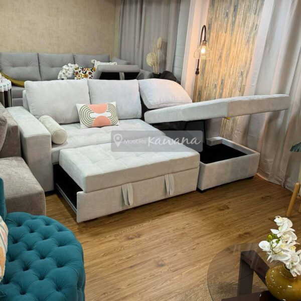 Sofá cama matrimonial en L con baúl personalizado en lino ivory 2,4m