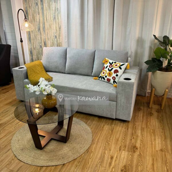 Sofá cama queen triple nido retráctil con porta vasos en lino gris claro 2,3m
