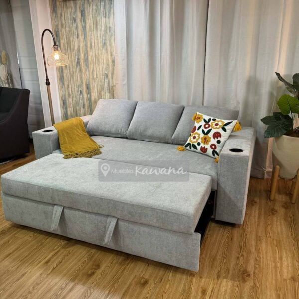 Sofá cama queen triple nido retráctil con porta vasos en lino gris claro 2,3m