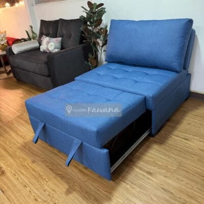 Sofá cama individual sin brazos en vinil azul impermeable alto tránsito 1m