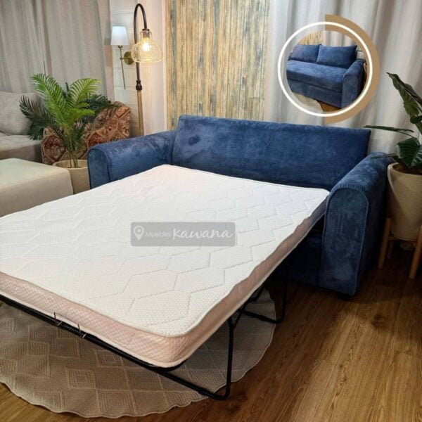 Sofá cama matrimonial herraje americano lounge en lino azul 2m