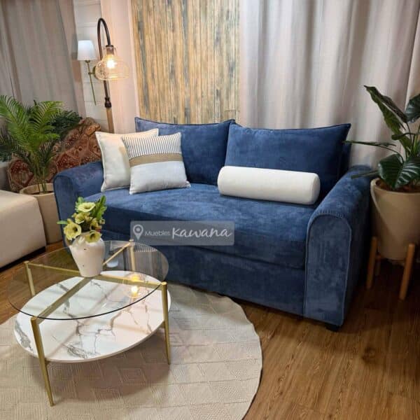 Sofá cama matrimonial herraje americano lounge en lino azul 2m