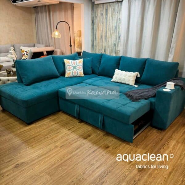 Sofá cama queen nido esquinero aquaclean daytona 146 turquesa con cargador inalámbrico 3m