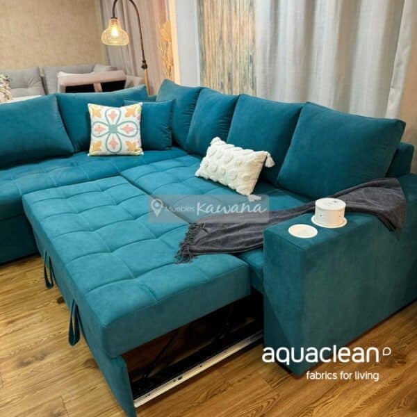 Sofá cama queen nido esquinero aquaclean daytona 146 turquesa con cargador inalámbrico 3m
