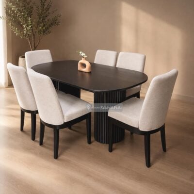 Juego de comedor en madera de roble negro 6 puestos con pedestal