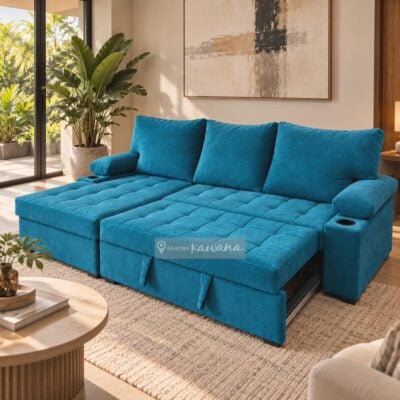 Sofá cama matrimonial en L con baúl en tela aquaclean marina 160 turquesa