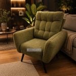 Butaca con respaldo acolchado y patas de madera en lino verde